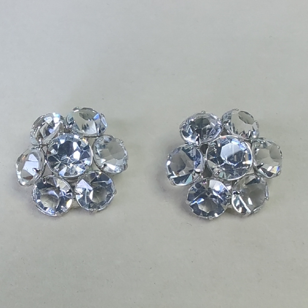 Princess Cut Glass Silver Tone Clip Earrings